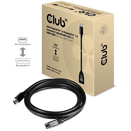 Club 3D Cable de extensión Mini DisplayPortTM a DisplayPortTM 1.4, 8 K60 Hz, DSC1.2 HBR3 HDR St./B. 1 Metro 32AWG.