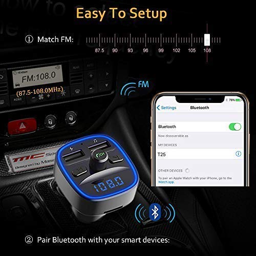 Cocoda Transmisor FM Bluetooth, [Luz de Anillo Azul] Manos Libres para Coche, Inalámbrico Reproductor MP3 Mechero Coche Adaptador Receptor con Dual USB 5V/2.4A & 1A, Soporte Tarjetas SD + U Disk
