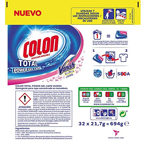 Colon Total Power Gel Caps Vanish - Detergente para lavadora con agentes quitamanchas, formato cápsulas - 32 dosis