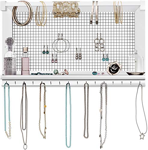 Comfify Organizador de joyería rústica Joyero de Pared con Pulsera de pie, Estante y 16 Ganchos extraíbles - Pendientes, Collares y Pulseras Expositor de Joyas Vintage - Blanco