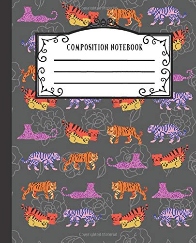 Composititon Notebook: 7.5X9.25 Inch 110 Pages Half Blank Half Wide Ruled Nifty Mother Tiger Leopard Cub Grey Floral Background Primary School ... Men Women. Draw And Write Your Own Stories