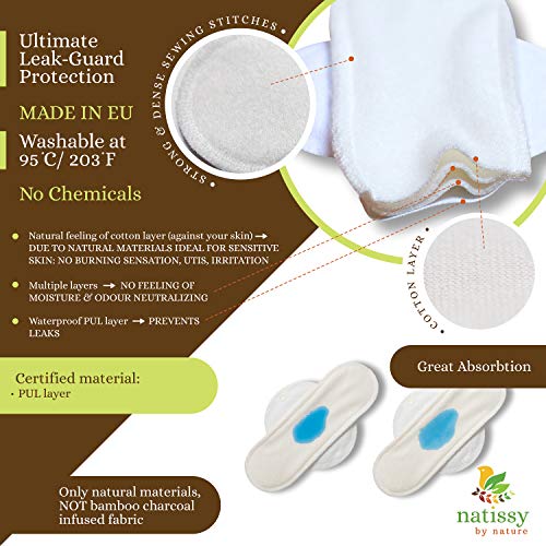 Compresas de tela reutilizables, pack de 6 compresas ecologicas de algodón puro con alas (de tamaños L y XL) HECHAS EN LA UE para menstruación, postparto, incontinencia; compresas lavables para mujer