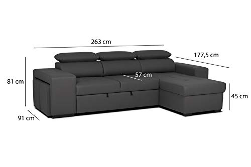 Confort24 John Hogar Sofá Cama 3 Plazas o 4 Plazas Chaise Longue Derecha o Izquierda Esquinero Reposacabezas Ajustable 2 Puffs Negro Salon Decoración de Hogar Polipiel Piel Sintética Negro