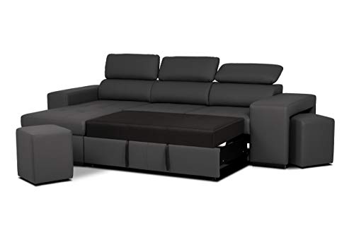 Confort24 John Hogar Sofá Cama 3 Plazas o 4 Plazas Chaise Longue Derecha o Izquierda Esquinero Reposacabezas Ajustable 2 Puffs Negro Salon Decoración de Hogar Polipiel Piel Sintética Negro