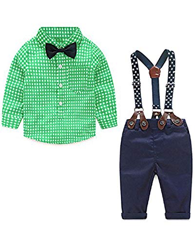 Conjunto de Cuatro Piezas para Bebé Niño Ropa Gentleman Camisa de Manga Larga Corbata de moño + Chaqueta + Pantalones Traje de Bautizo Fiesta Boda Trajes（Verde，12-18 Meses）