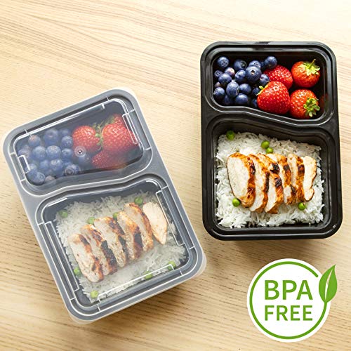 Contenedores De Comida Con 2 Compartimientos (Set de 10) - Plásticos, Reutilizables, Sin BPA, Cierre Hermético - Para Lavavajillas, Congelar, Microondas - Recipientes De Alimentos Bento Apilables