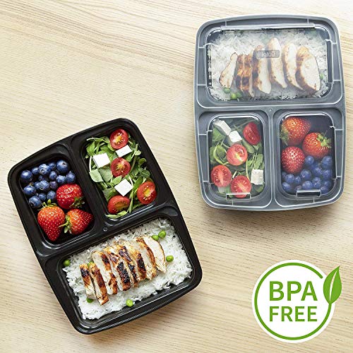 Contenedores De Comida Con 3 Compartimientos (Set de 10) - Plásticos, Reutilizables, Sin BPA, Cierre Hermético - Para Lavavajillas, Congelar, Microondas - Recipientes De Alimentos Bento Apilables