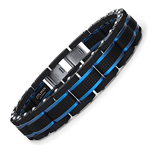 COOLMAN Joyas para Hombre Pulseras Acero Inoxidable Azul & Negro Ajustable 21,5-23cm (con Cierre de Caja de Regalo)