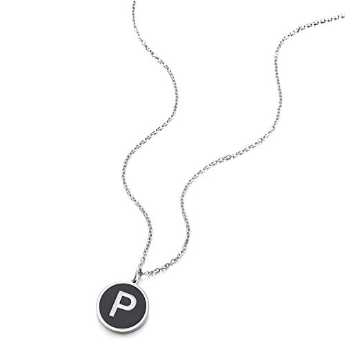 COOLSTEELANDBEYOND Plata Negro Nombre Inicial Letra del Alfabeto P Círculo Colgante, Collar de Mujer Hombre, Acero, 45cm Cadena Cuerda