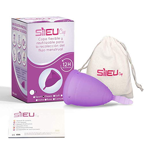 Copa Menstrual Sileu Cup Classic - 12 horas de protección sin fugas ni pérdidas - Según modelo puede escoger flexibilidad blanda normal rígida - Talla L Morado + Esterilizador Plegable Rosa