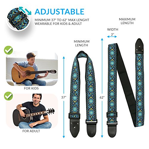 Correa de guitarra de estilo folk – Pack de colgador de guitarra de tejido jacquard con 2 cierres para correas y 2 púas – Correa para bajo, guitarra eléctrica y acústica con bolsillo para púas