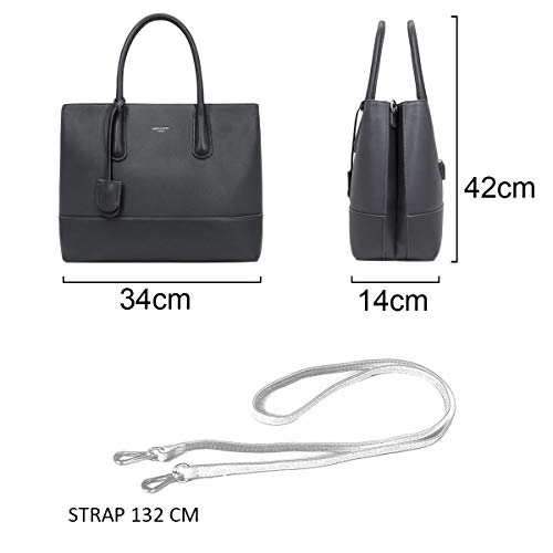 David Jones - Bolso de Mano Grande Mujer - Shopper Tote Bag Señora Trabajo Negocios Cuero Genuino PU - Bolsos Hombro Bandolera Piel Múltiples Bolsillos - Maletín Satchel Oficina Elegante - Gris Oscuro