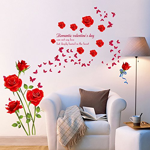 decalmile Vinilos Romántico Roja Rosa Flores Pegatinas Pared Desmontable DIY Decorativos Adhesivos para Sala De Estar Dormitorio