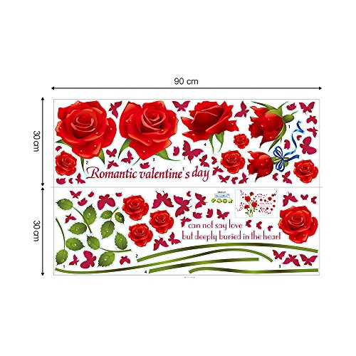 decalmile Vinilos Romántico Roja Rosa Flores Pegatinas Pared Desmontable DIY Decorativos Adhesivos para Sala De Estar Dormitorio