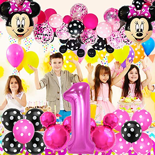 Decoraciones de cumpleaños de Mickey Mouse, BESTZY Globos número para la Fiesta Temática de Mickey Mouse Artículos de Fiesta de Mickey y Minnie para Primer Cumpleaños（Rosa Roja）