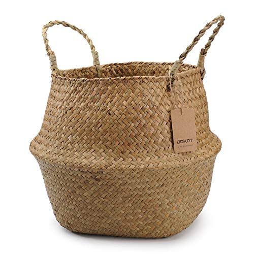 DOKOT Natural Seagrass Mimbre Cesta de Cesteria, Cestos para la Colada con Asa, Cesta Plegable para el Vientre Maceta, Decoracion para el Hogar Almacenar Juguetes, Ropa, Fruta o Plantas 32 x 28 cm