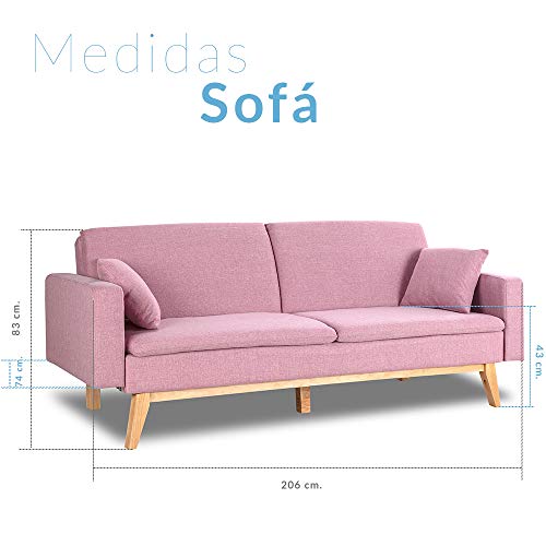 Don Descanso, Sofá Cama 3 plazas Reine, Tapizado en Tela, Color Rosa, Sistema Apertura de Libro o Clic-clac, Medida sofá: 206x74x83 cm, Medida Cama: 206x99x83 cm, Incluye 2 Cojines