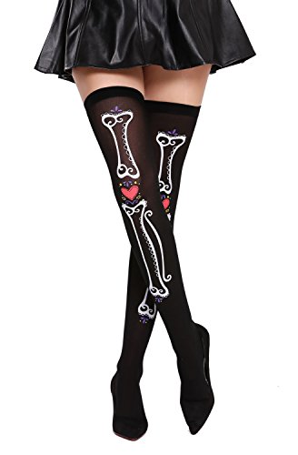 Dress ME UP - BB-027-black Medias de Mujeres Overknees Negros Hueso corazón Día de los Muertos Halloween México