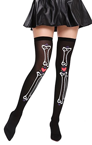 Dress ME UP - BB-027-black Medias de Mujeres Overknees Negros Hueso corazón Día de los Muertos Halloween México