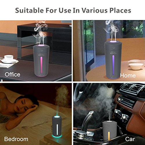 Dricar 230ml Ambientador Humidificador Coche - Humidificador Aromaterapia USB, Purificar el Aire y Mejorar el Aire Seco y Sofocante, Dormitorio, Hogar, Oficina, Coche(Gris)