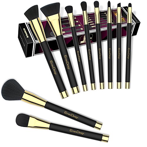 EmaxDesign 10 piezas Juego de brochas de maquillaje cara Fundación Blush de ojos sombra de ojos labios pinceles de maquillaje polvo líquido crema cosméticos herramientas maquillaje (Golden negro)