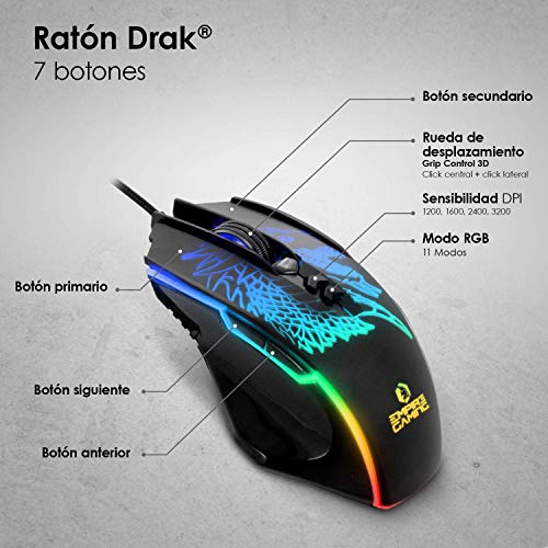 EMPIRE GAMING - Drak Fury Pack de teclado y ratón Gamer – Soporte para smartphone - 19 teclas anti-ghosting – 12 accesos directos multimedia - 7 botones 3200 ppp – 11 modos LED RGB – USB con cable