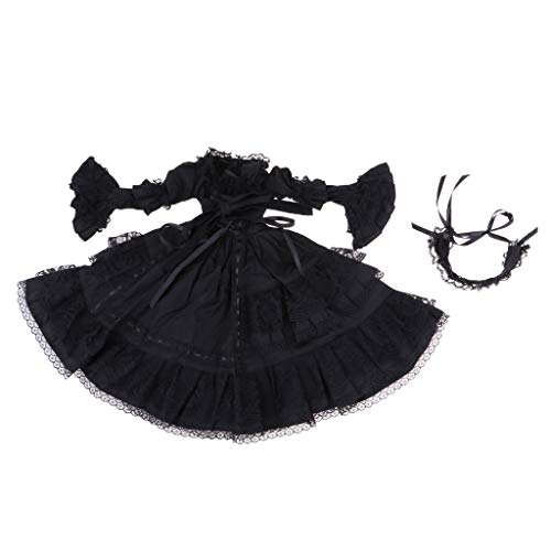 Encantadora Falda de Burbuja Larga Porcelana con Cinta de Pelo Traje de Banquete Accesorios para 1/3 Muñecas Lolita Muchachas - Negro