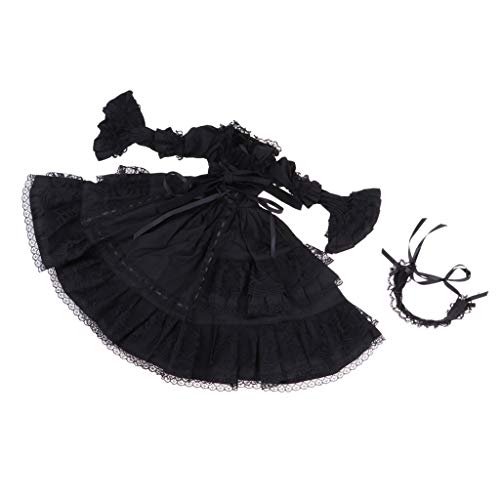 Encantadora Falda de Burbuja Larga Porcelana con Cinta de Pelo Traje de Banquete Accesorios para 1/3 Muñecas Lolita Muchachas - Negro
