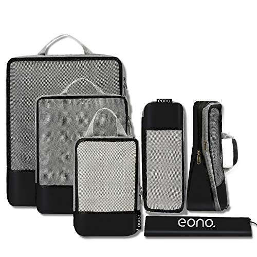 Eono by Amazon - Organizadores de Viaje de compresión expandibles, Impermeable Organizador para Maletas, Organizador de Equipaje, Cubos de Embalaje, Compression Packing Cubes, Negro, 6 Set