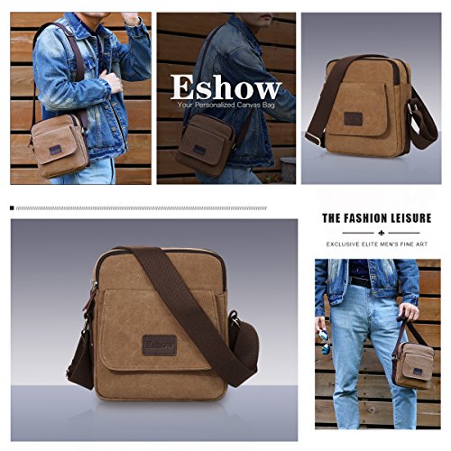 Eshow Bolso Bandolera a Hombro Marrón para Hombres Tela de Lona Viaje Casual Negocio Trabajo