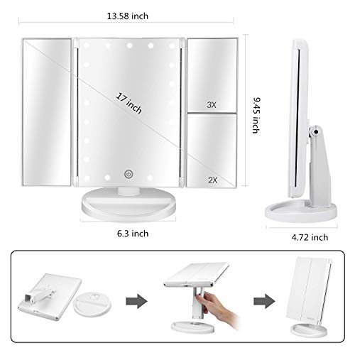 Espejo de Maquillaje con LED, Natural Iluminado Espejo de Mesa Luz con Ampliación 1X / 2X / 3X Plegable Espejo de la Vanidad Rotación 180° Pantalla Táctil Espejo Cosmético para Hombre y Mujer