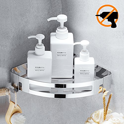 Estante para baño Kazeila, sin perforaciones, estanteria para ducha montado en la pared, pegamento autoadhesivo, acero inoxidable 304 con 2 ganchos para colgar accesorios de baño (triángulo)