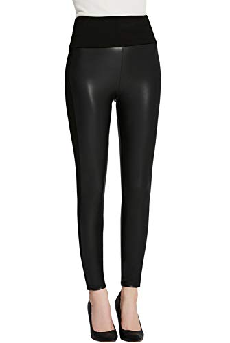 Everbellus Cintura Alta Leggins Cuero para Mujeres Sexy Negro Skinny Pantalon Medio