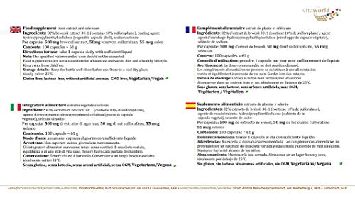 Extracto de brócoli Vita World 500 mg de brócoli germinado 100 cápsulas - dosis alta con 50 mg de sulforafano por cápsula - vegano y sin aditivos - producción farmacéutica alemana