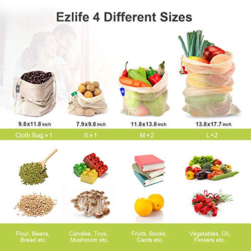 Ezlife Bolsas Reutilizables Compra, Bolsas Reutilizables Fruta de Algodon Ecológicas Lavable y Transpirable Bolsa de Malla para Fruta Verduras Juguetes -6 Pcs (1*Bolsas de Tela,1*S, 2*M, 2*L)