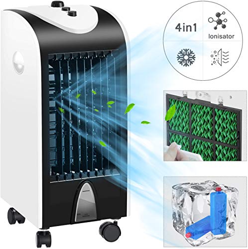 Famgizmo Aire Acondicionado, 4 en 1 Móvil Climatizador Evaporativo Ventilador Humidificador Purificador, con Ruedas y Tanque de Agua 4L, 3 Velocidades