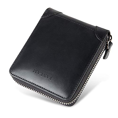 Faneam Cartera Hombre Cuero Autentico Billetera Hombre Piel, Cartera Hombre con Cremallera & Ranuras para Tarjetas, Pequeño Monedero de Hombre Cartera de Bolsillo para Hombre (Negro)