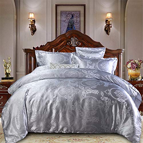 Fansu Juego de Ropa de Cama, 4 Piezas Estilo Palacio La Boda Funda de Edredón con Cremallera Diseño deón Almohada Conjunto De Edredón Hoja Plana (150x200cm,Gris-Plata)