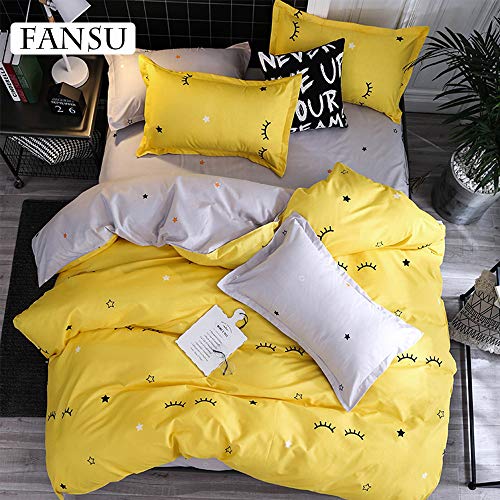 Fansu Juego de Ropa de Cama 4 Piezas, Incluye Estilo Nórdico Moda Microfibra 1 Cremallera Funda Nórdica de Edredón + 1 Cama Sábana + 2 Fundas de Almohada (220x240cm-2.2M,Pestañas Amarillas)