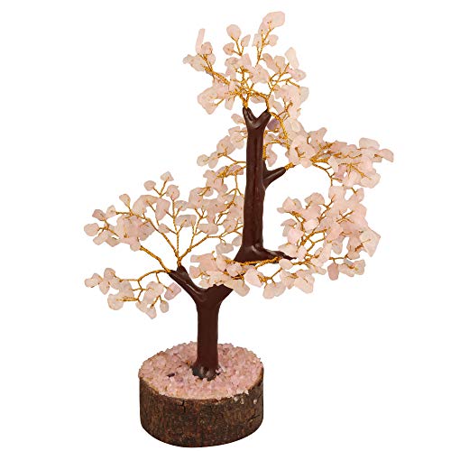 FASHIONZAADI Rose Quartz Natural Stone Feng Shui Bonsai Money Tree For Chakra Balancing Good Luck EMF Protection Healing Table Décor Health Prosperity Size 10-12 Inch (Golden Wire)