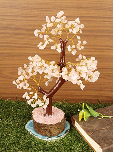 FASHIONZAADI Rose Quartz Natural Stone Feng Shui Bonsai Money Tree For Chakra Balancing Good Luck EMF Protection Healing Table Décor Health Prosperity Size 10-12 Inch (Golden Wire)