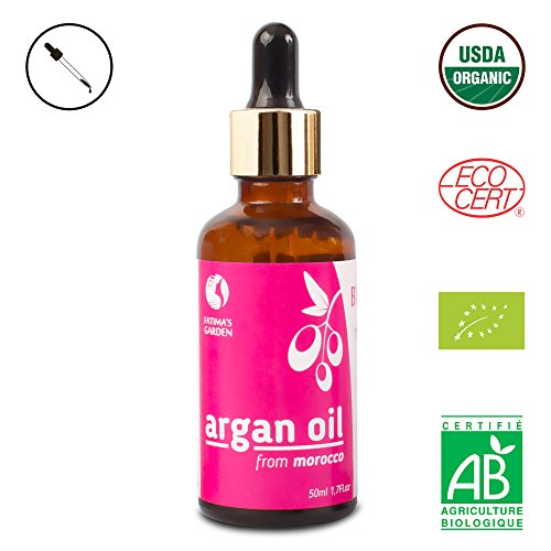 Fatima's Garden Aceite de argán para la cara, el cabello, la piel y las uñas. Loción hidratante antienvejecimiento marroquí con aceite puro y virgen prensado en frío certificado por Ecocert - 50ml