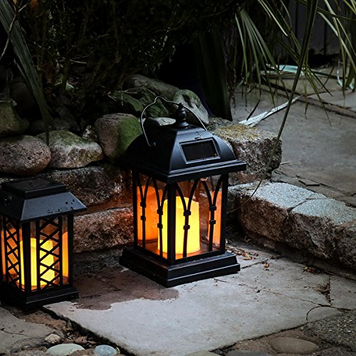 Festive Lights - Farol de jardín con vela, funciona con energía solar, con efecto parpadeante, LED color ámbar, 27 cm