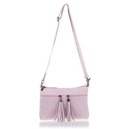 Firenze Artegiani Bolso de Mujer en Piel auténtica Gamuza, Grabado con Motivo Trenzado en Espiga y Lacado, 27 cm, Rosa Claro