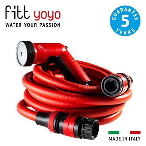 FITT YOYO GO Manguera de Agua de Jardín Extensible para Riego Profesional con Mochila para el Transporte, Pistola Multichorro, Rojo, 15 m