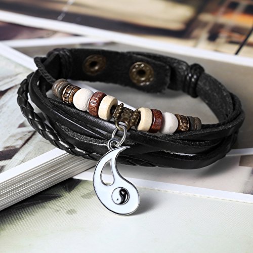 Flongo 2 Piezas Pulseras para Parejas Enamorados, Yin Yang Tai Chi Colgantes Negro Blanco, Pulseras Tribal de Cuero Trenzadas, Buen Regalo de San Valentin/Navidad