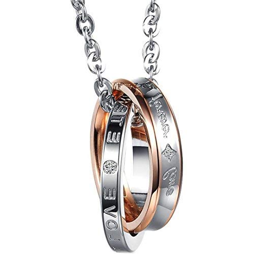 Flongo Collares con Colgantes para Parejas Enamorados His & Hers Forever Love Acero Inoxidable Colgantes de Anillos Negro Oro Rosa Buen Regalo de San Valentin Navidad