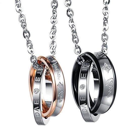 Flongo Collares con Colgantes para Parejas Enamorados His & Hers Forever Love Acero Inoxidable Colgantes de Anillos Negro Oro Rosa Buen Regalo de San Valentin Navidad