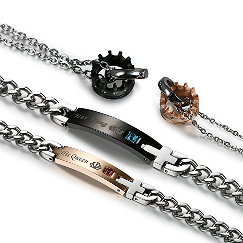 Flongo Pulseras para Parejas, His Queen y Her King, Acero Inoxidable Collares de Parejas Enamorados Coronas Colgantes, Original Regalo para San Valentín/Navidad