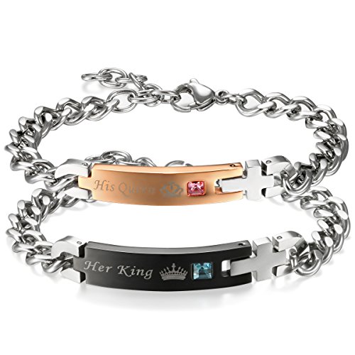 Flongo Pulseras para Parejas, His Queen y Her King, Acero Inoxidable Collares de Parejas Enamorados Coronas Colgantes, Original Regalo para San Valentín/Navidad